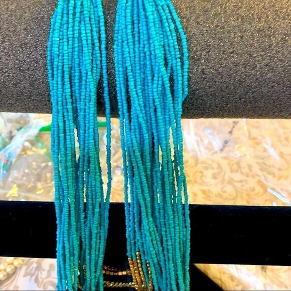 Vtg 24 Strand Seed Bead Necklace Gold Tone & Turquoise Color Southwest Vibe 36” - Picture 4 of 8
